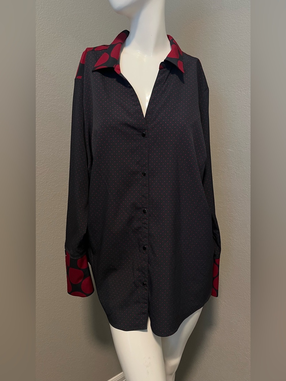 Women’s Plus Vintage Jones New York BD LS  Black/Red Polka Dot Shirt Size 1X